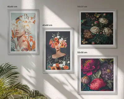Compoziție de tablouri pentru perete cu portrete florale, buchete și frunze