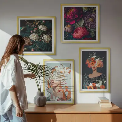 Compoziție de tablouri pentru perete cu portrete florale, buchete și frunze