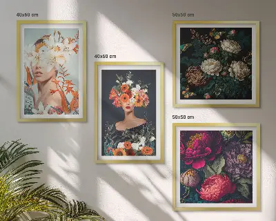 Compoziție de tablouri pentru perete cu portrete florale, buchete și frunze