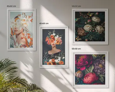 Compoziție de tablouri pentru perete cu portrete florale, buchete și frunze