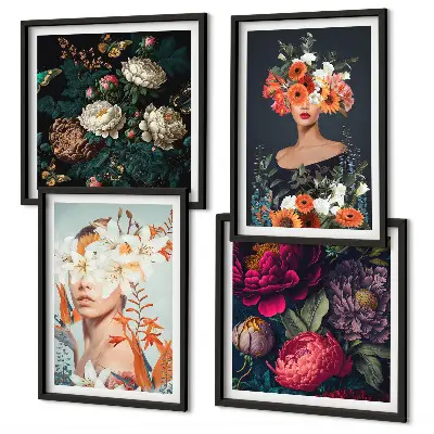 Compoziție de tablouri pentru perete cu portrete florale, buchete și frunze