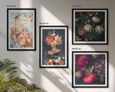Compoziție de tablouri pentru perete cu portrete florale, buchete și frunze