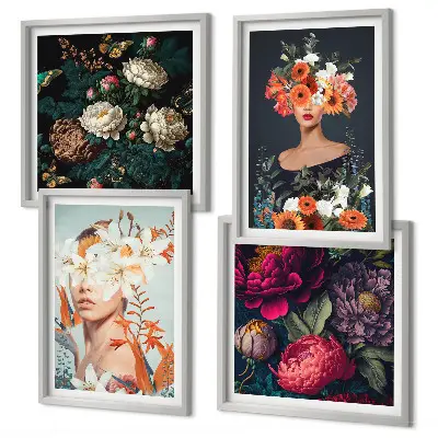 Compoziție de tablouri pentru perete cu portrete florale, buchete și frunze
