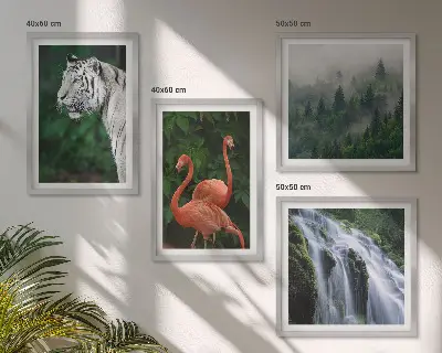Compoziție de tablouri pentru perete cu cascadă, tigru și flamingi în natură