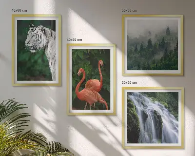 Compoziție de tablouri pentru perete cu cascadă, tigru și flamingi în natură