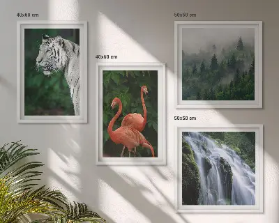Compoziție de tablouri pentru perete cu cascadă, tigru și flamingi în natură