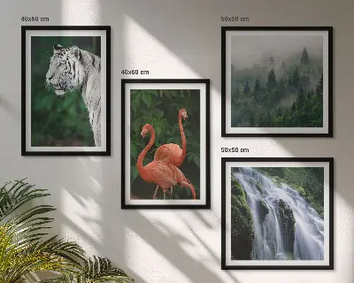 Compoziție de tablouri pentru perete cu cascadă, tigru și flamingi în natură