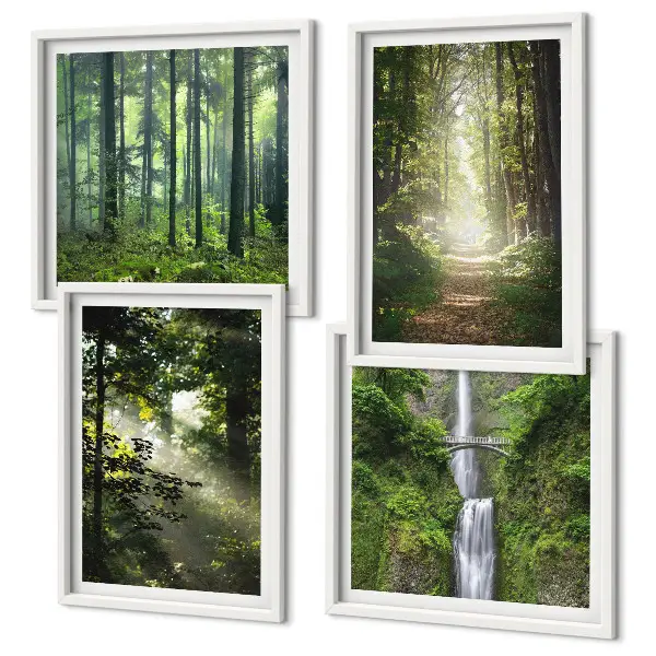 Compoziție de tablouri pentru perete cu raze de lumină în pădurea verde