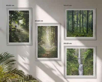 Compoziție de tablouri pentru perete cu raze de lumină în pădurea verde