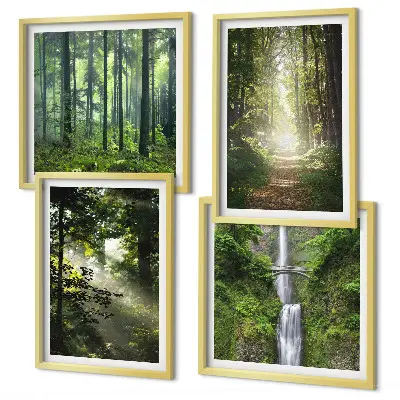 Compoziție de tablouri pentru perete cu raze de lumină în pădurea verde