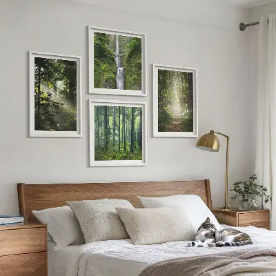 Compoziție de tablouri pentru perete cu raze de lumină în pădurea verde