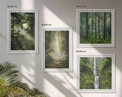 Compoziție de tablouri pentru perete cu raze de lumină în pădurea verde