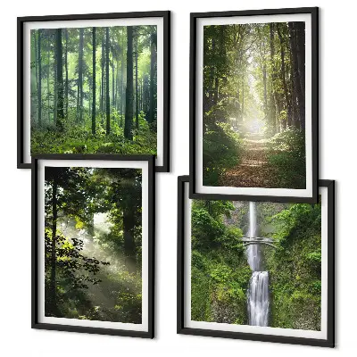 Compoziție de tablouri pentru perete cu raze de lumină în pădurea verde
