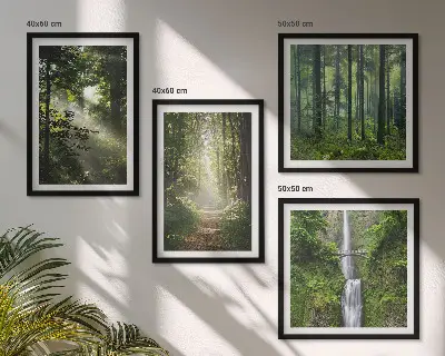 Compoziție de tablouri pentru perete cu raze de lumină în pădurea verde