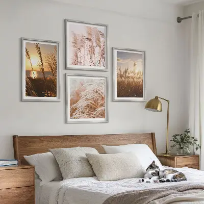 Set tablouri gata de agățat cu peisaj apus de soare pe câmp cu iarbă stil boho