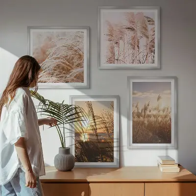 Set tablouri gata de agățat cu peisaj apus de soare pe câmp cu iarbă stil boho