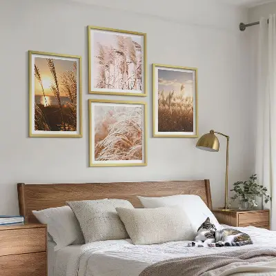 Set tablouri gata de agățat cu peisaj apus de soare pe câmp cu iarbă stil boho
