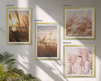 Set tablouri gata de agățat cu peisaj apus de soare pe câmp cu iarbă stil boho