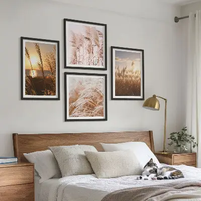 Set tablouri gata de agățat cu peisaj apus de soare pe câmp cu iarbă stil boho