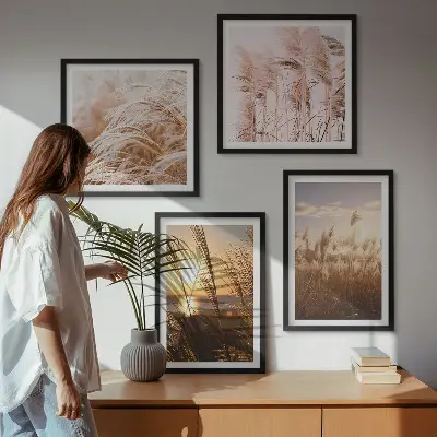 Set tablouri gata de agățat cu peisaj apus de soare pe câmp cu iarbă stil boho