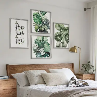 Set tablouri cu plante modele cu frunze și textul trăiește, râde, iubește gata de agățat