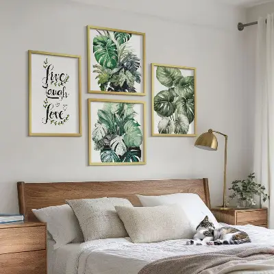 Set tablouri cu plante modele cu frunze și textul trăiește, râde, iubește gata de agățat