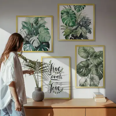 Set tablouri cu plante modele cu frunze și textul trăiește, râde, iubește gata de agățat