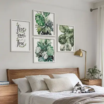 Set tablouri cu plante modele cu frunze și textul trăiește, râde, iubește gata de agățat
