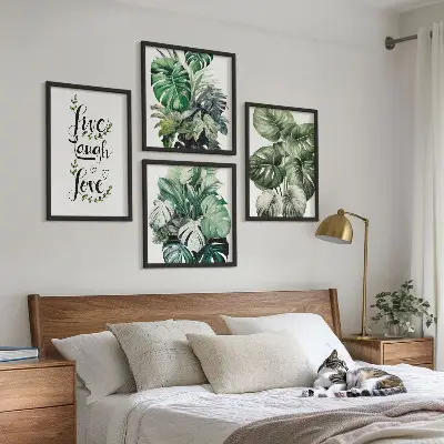 Set tablouri cu plante modele cu frunze și textul trăiește, râde, iubește gata de agățat