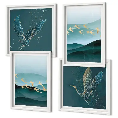 Compoziție de tablouri pentru perete cu peisaje abstracte și valuri de păsări