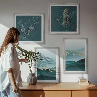 Compoziție de tablouri pentru perete cu peisaje abstracte și valuri de păsări