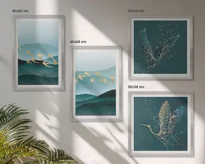 Compoziție de tablouri pentru perete cu peisaje abstracte și valuri de păsări