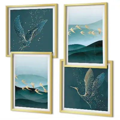 Compoziție de tablouri pentru perete cu peisaje abstracte și valuri de păsări