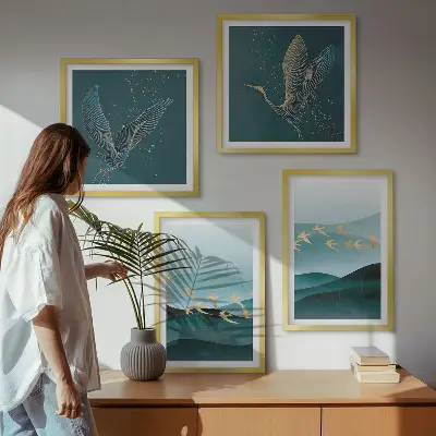 Compoziție de tablouri pentru perete cu peisaje abstracte și valuri de păsări