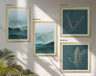 Compoziție de tablouri pentru perete cu peisaje abstracte și valuri de păsări