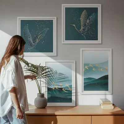 Compoziție de tablouri pentru perete cu peisaje abstracte și valuri de păsări