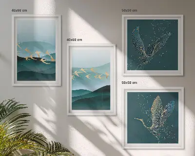 Compoziție de tablouri pentru perete cu peisaje abstracte și valuri de păsări