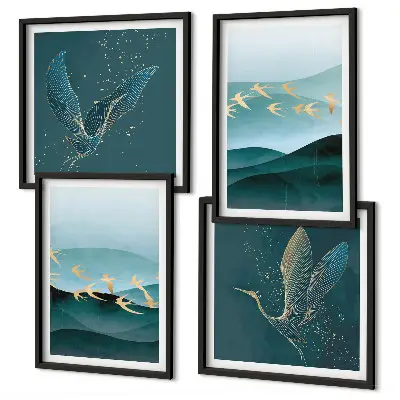 Compoziție de tablouri pentru perete cu peisaje abstracte și valuri de păsări