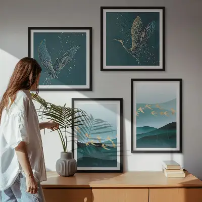 Compoziție de tablouri pentru perete cu peisaje abstracte și valuri de păsări
