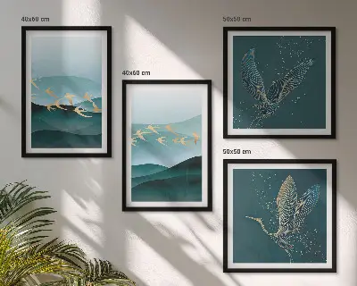 Compoziție de tablouri pentru perete cu peisaje abstracte și valuri de păsări