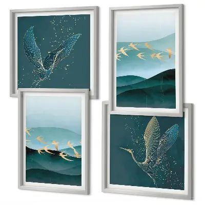 Compoziție de tablouri pentru perete cu peisaje abstracte și valuri de păsări