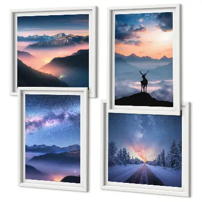 Set de tablouri gata de agățat cu cer nocturn și cerb în munți învăluiți în ceață