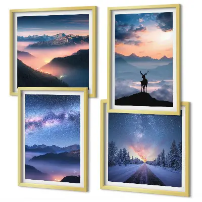 Set de tablouri gata de agățat cu cer nocturn și cerb în munți învăluiți în ceață