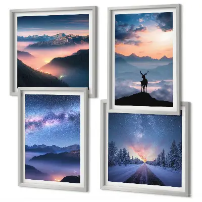 Set de tablouri gata de agățat cu cer nocturn și cerb în munți învăluiți în ceață