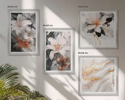 Compoziție de tablouri pentru perete cu flori din marmură albă și neagră