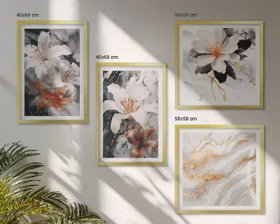 Compoziție de tablouri pentru perete cu flori din marmură albă și neagră