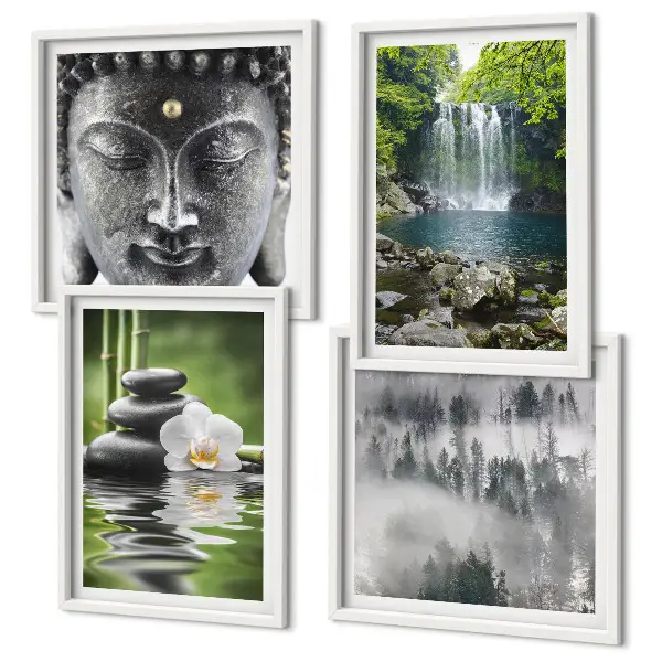 Compoziție de tablouri pentru perete cu tematică natura, pietre, apă și Buddha