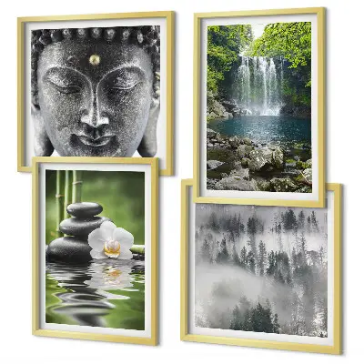 Compoziție de tablouri pentru perete cu tematică natura, pietre, apă și Buddha