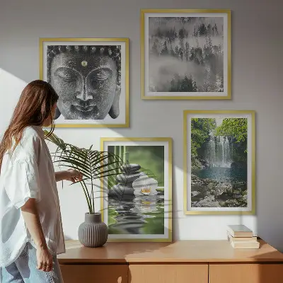Compoziție de tablouri pentru perete cu tematică natura, pietre, apă și Buddha
