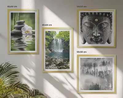 Compoziție de tablouri pentru perete cu tematică natura, pietre, apă și Buddha